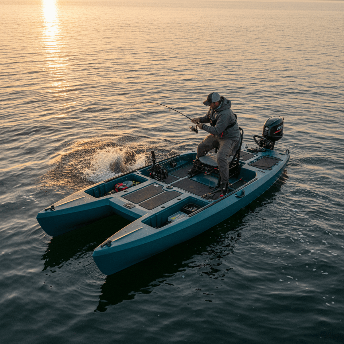 Teal fishing kayak with trolling motor, open deck. Overhead view of a teal fishing kayak with trolling motor on shimmering water.