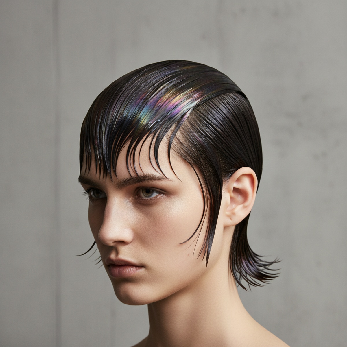 Model with slick oil hair styled sharply, shimmering with iridescent rainbow hues.