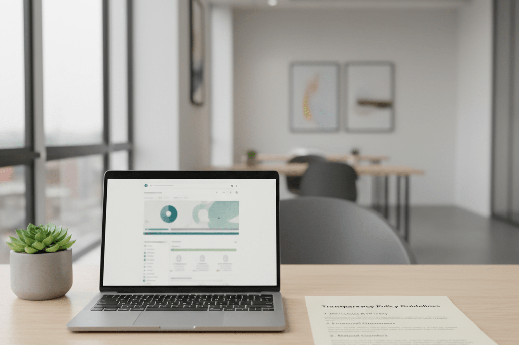 Medium shot of an empty office desk with a laptop showing a neutral dashboard and a printed transparency policy document under natural light