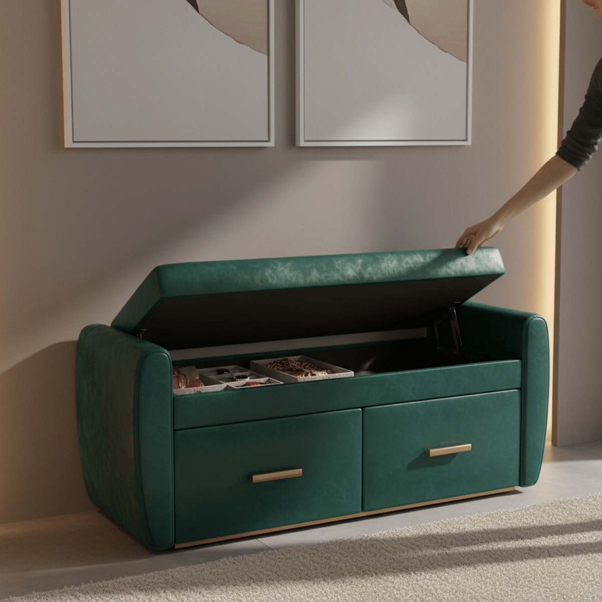 Deep emerald velvet storage bench with hidden compartments and wide drawers.