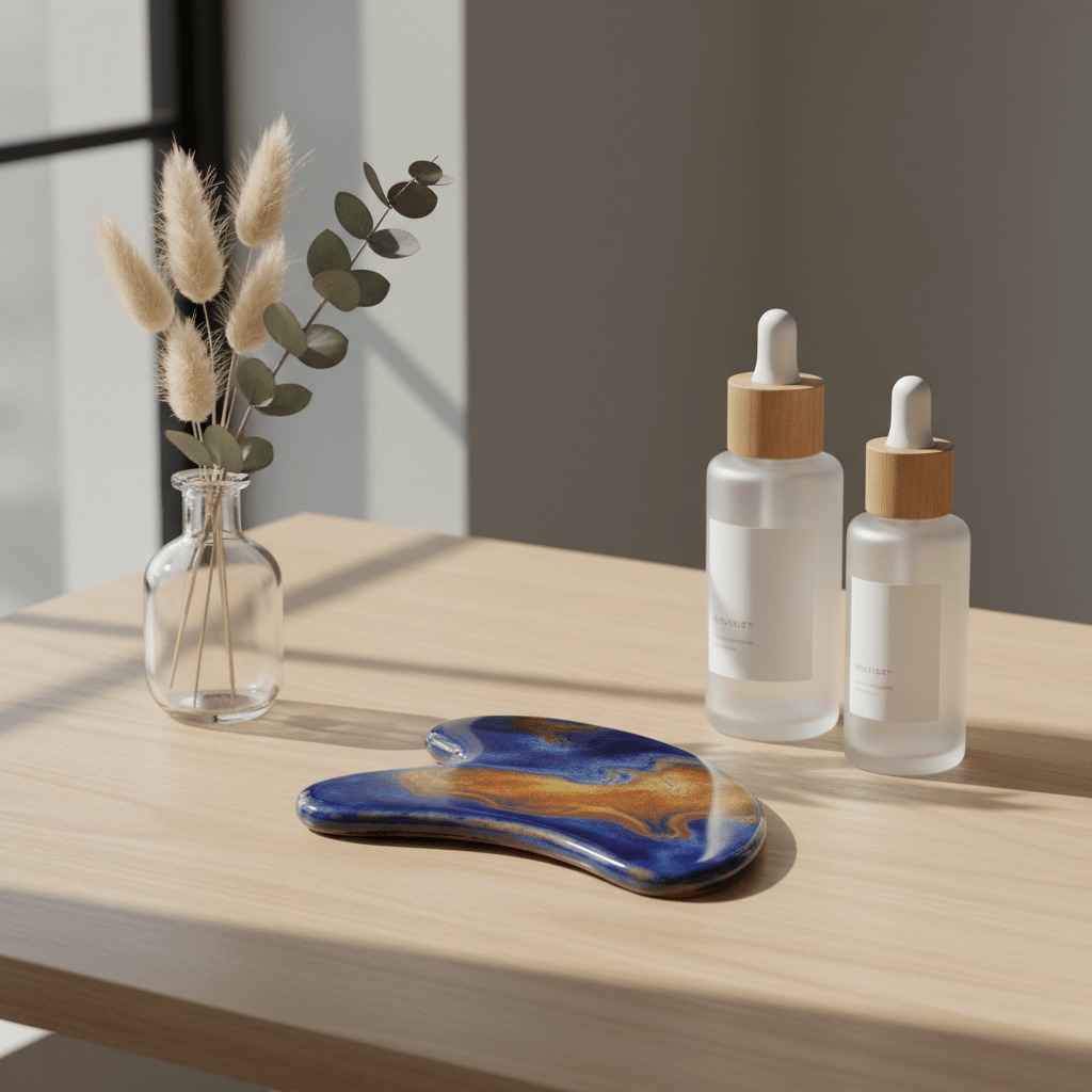 Handcrafted ceramic gua sha with flowing blue and amber glaze on a wooden table.