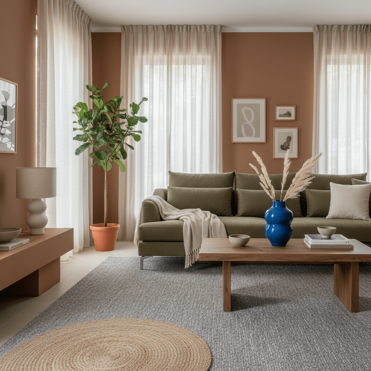 Serene modern living room with terracotta walls, olive linen sofa, and natural textures.