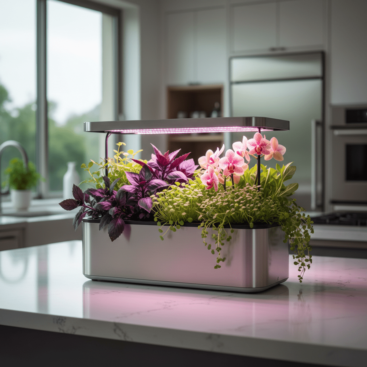 Sleek AI hydroponic garden with exotic herbs on a modern kitchen counter.