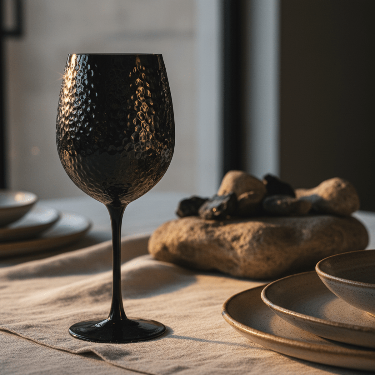 Elegant hammered black wine glass with irregular texture catching golden hour light.