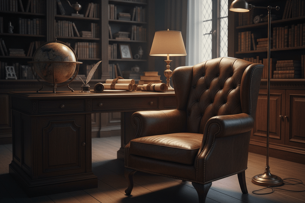 Ornate vintage chair in dimly lit study bathed in warm light, representing authority and adaptive decision-making