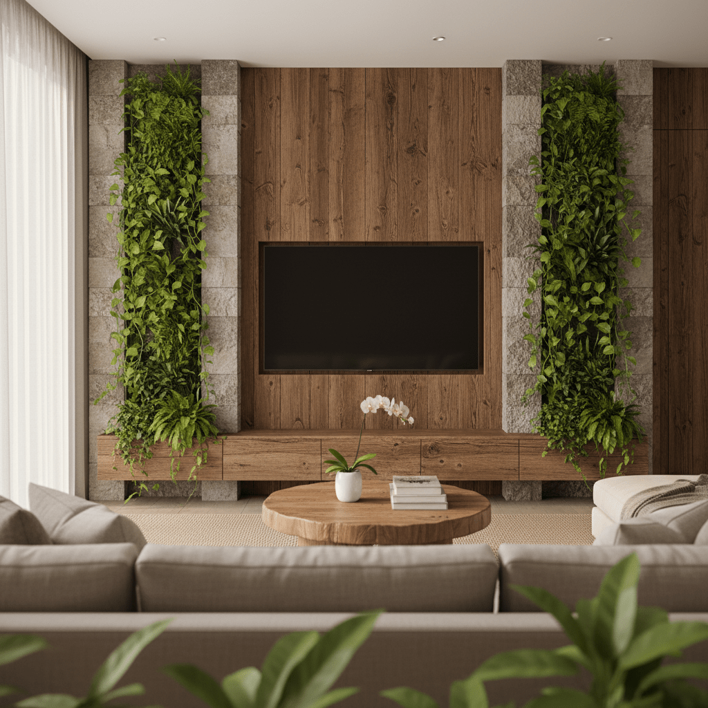 Large TV integrated into reclaimed wood console with plants and stone.