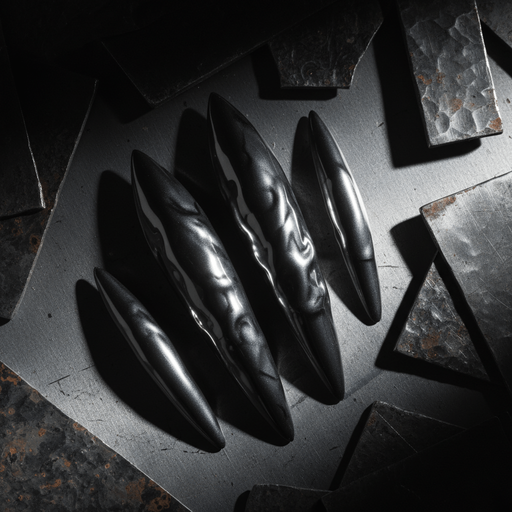 Dramatic stiletto nails with glossy gunmetal chrome finish and metallic reflections.