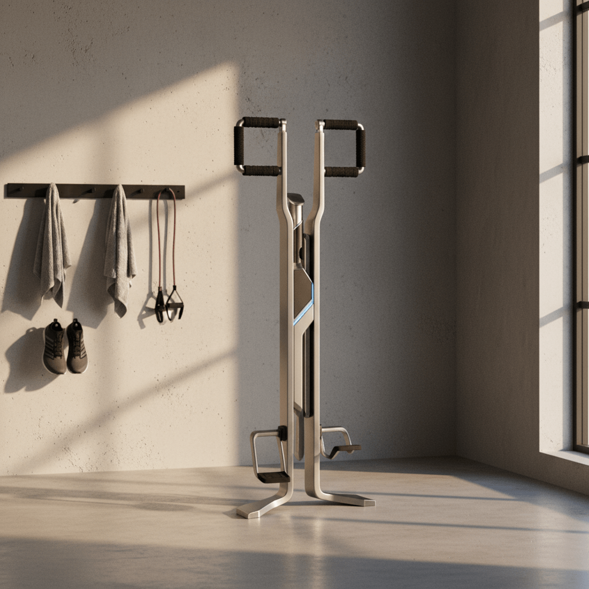 Futuristic home workout with vertical climber, rubber grips, and steel frame.
