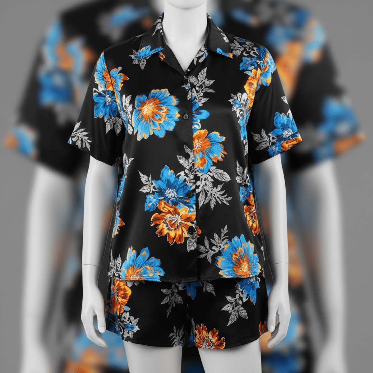 Vibrant floral co-ord set with surreal color inversion on a mannequin.