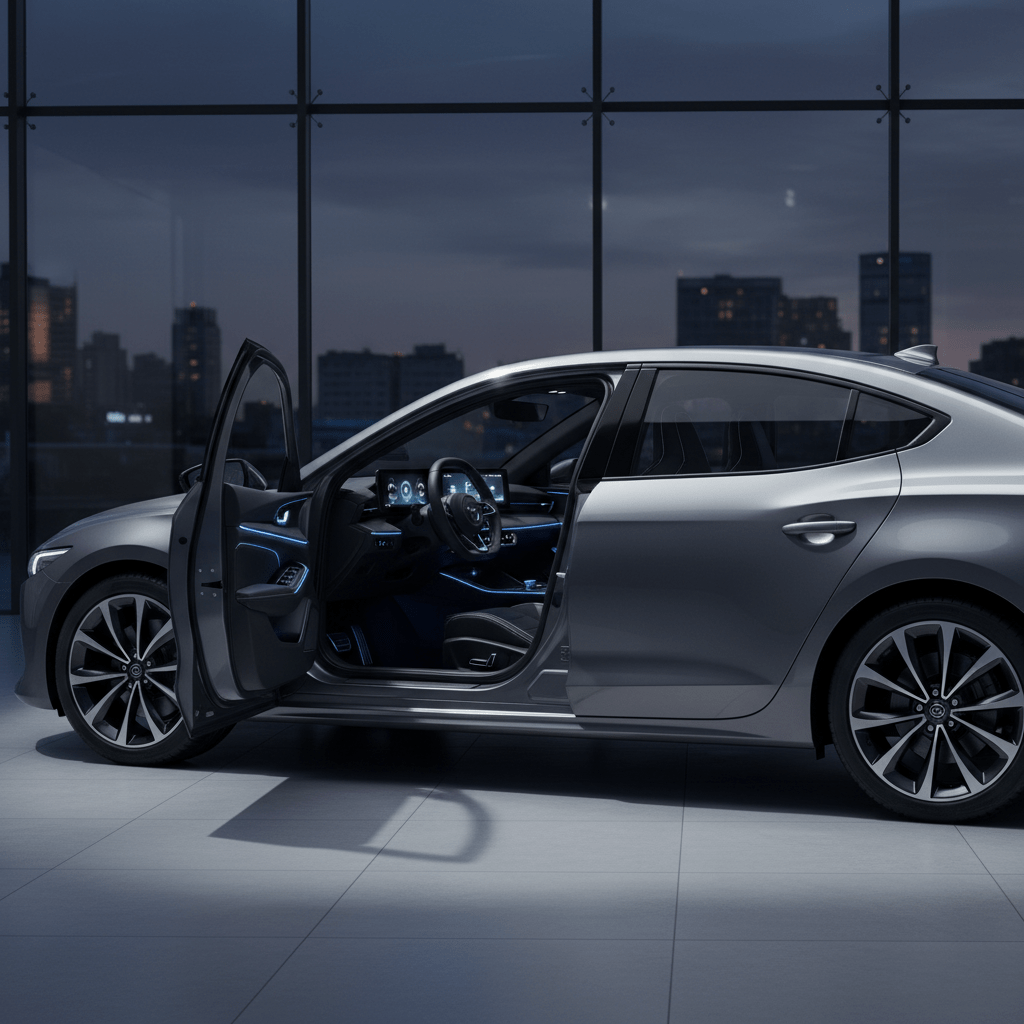 Modern sports sedan with panoramic screens and blue ambient lighting in a showroom.