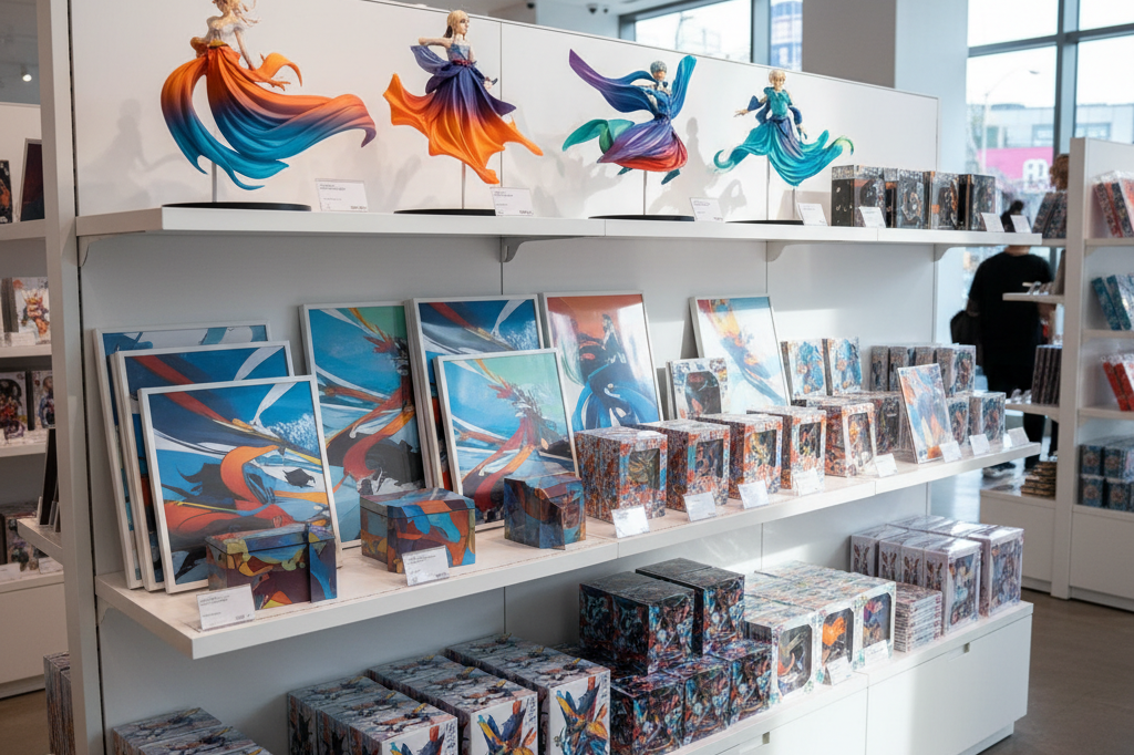 Vibrant anime merchandise showcased elegantly in a well-lit retail setting, emphasizing fan engagement and premium appeal