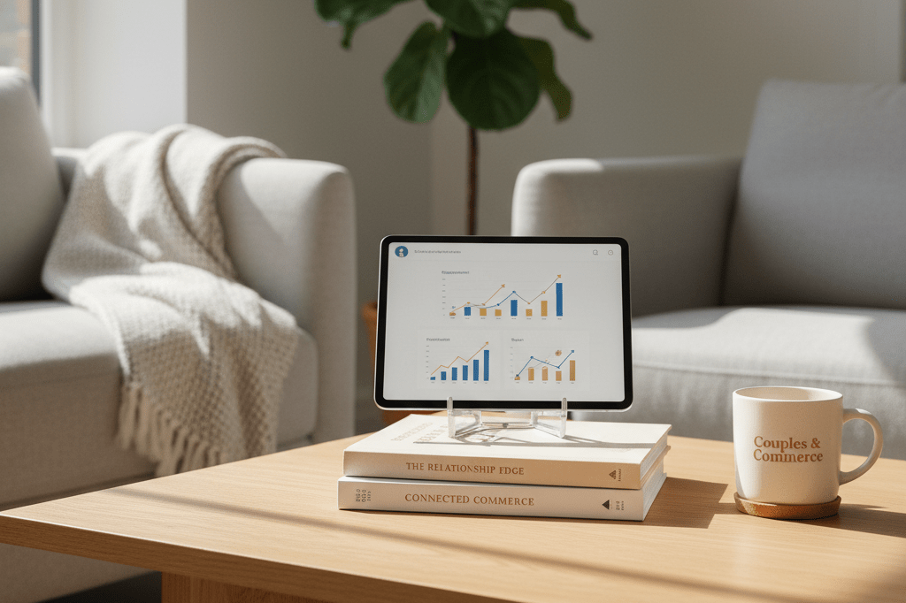 Medium shot of tablet showing social media engagement graphs alongside relationship-themed books and branded mug in sunlit living room
