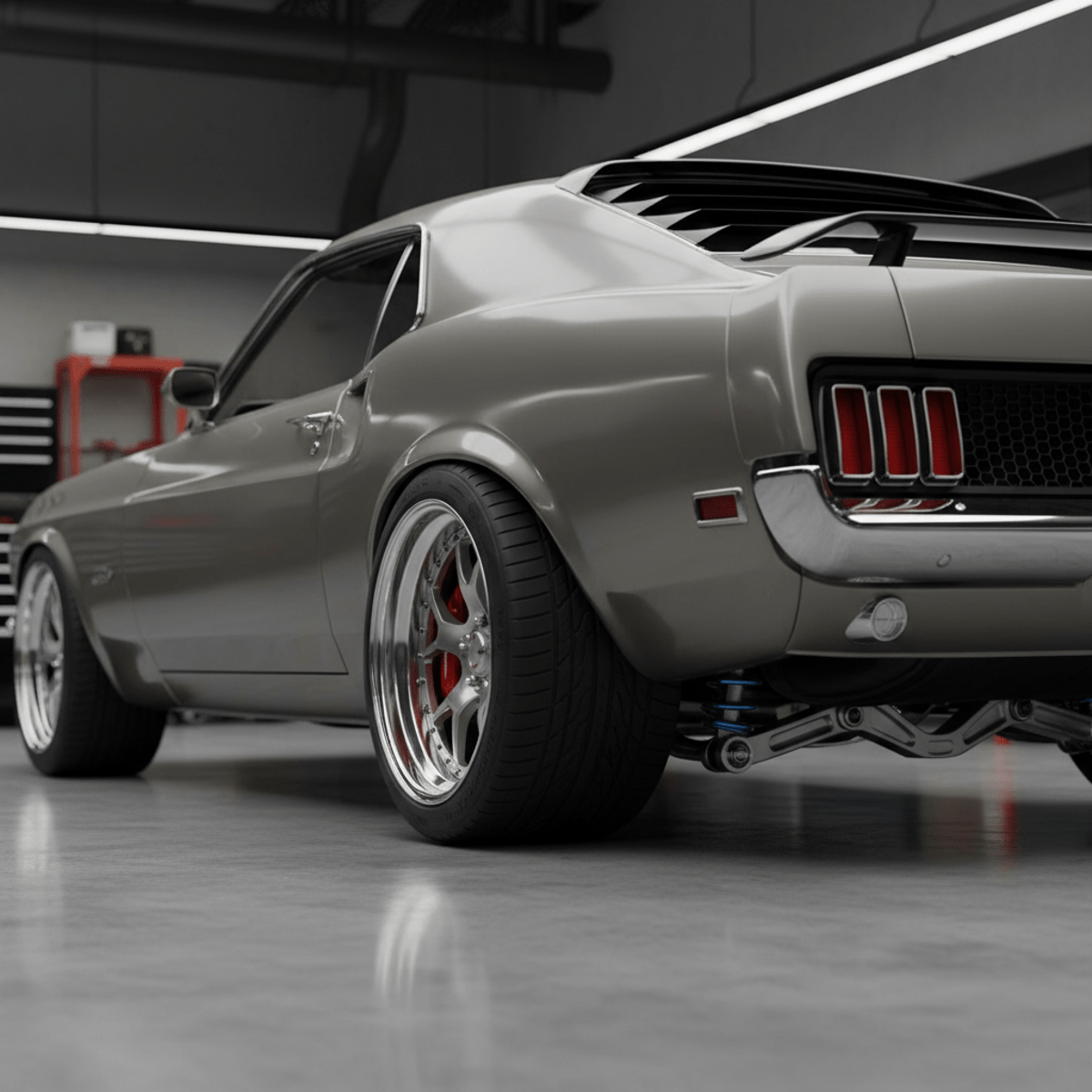 Restored 1969 muscle car with modern suspension in a garage.