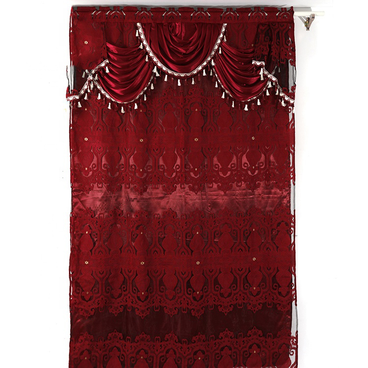 América Estilo vermelho Sheer Voile Tecido Cortina de Janela do Jacquard com Valência Macrame e Apoio para casa