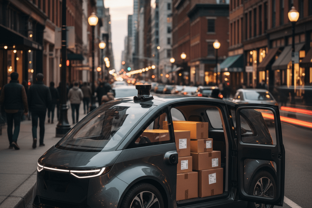 Modern autonomous delivery vehicle at dusk on a busy urban street, showcasing seamless integration into smart commerce infrastructure