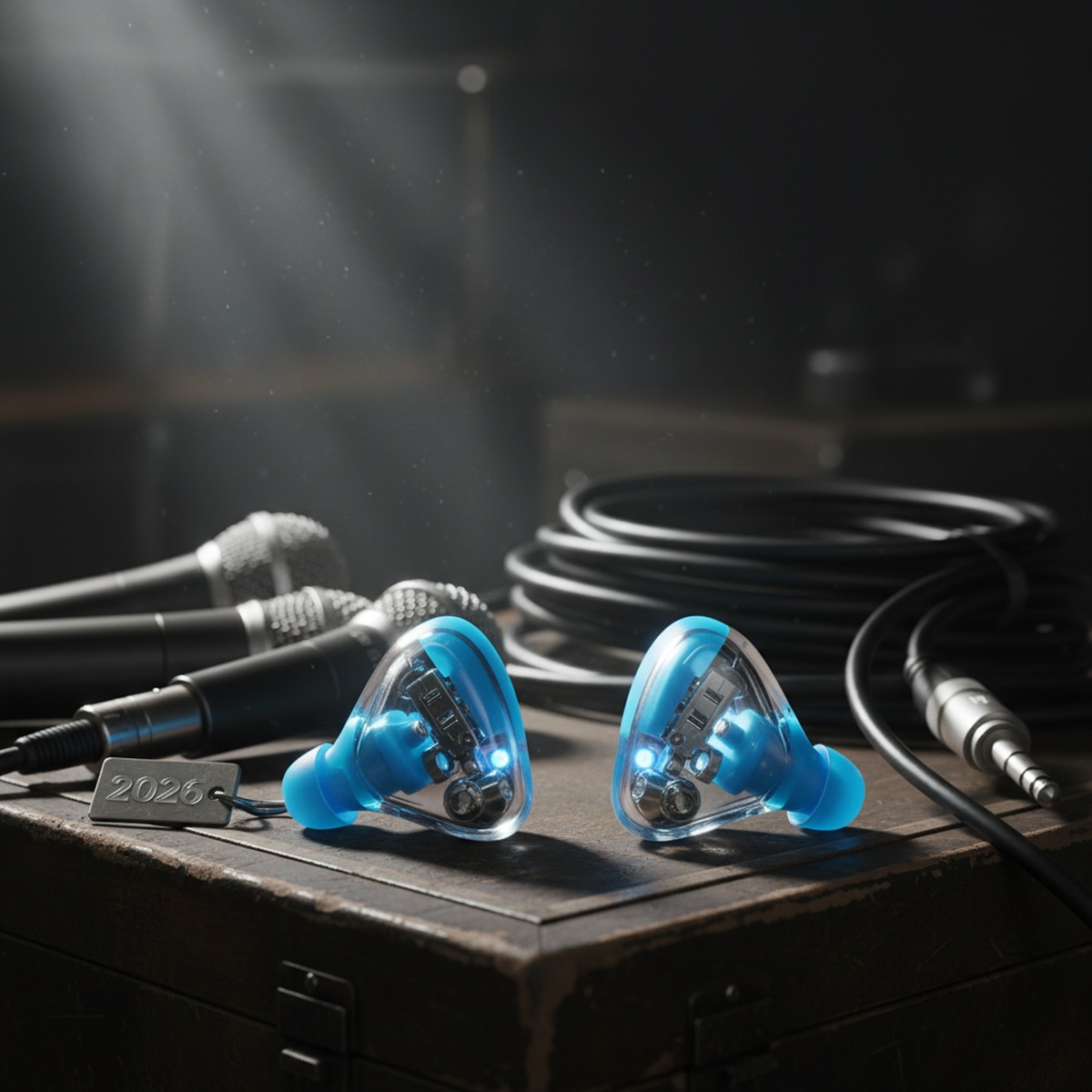 Vibrant custom-fit concert earplugs with clear resin and neon blue accents.