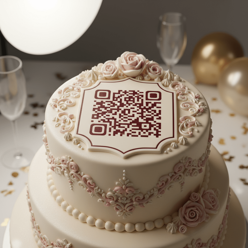 Close-up of an anniversary cake with an edible QR code on fondant.