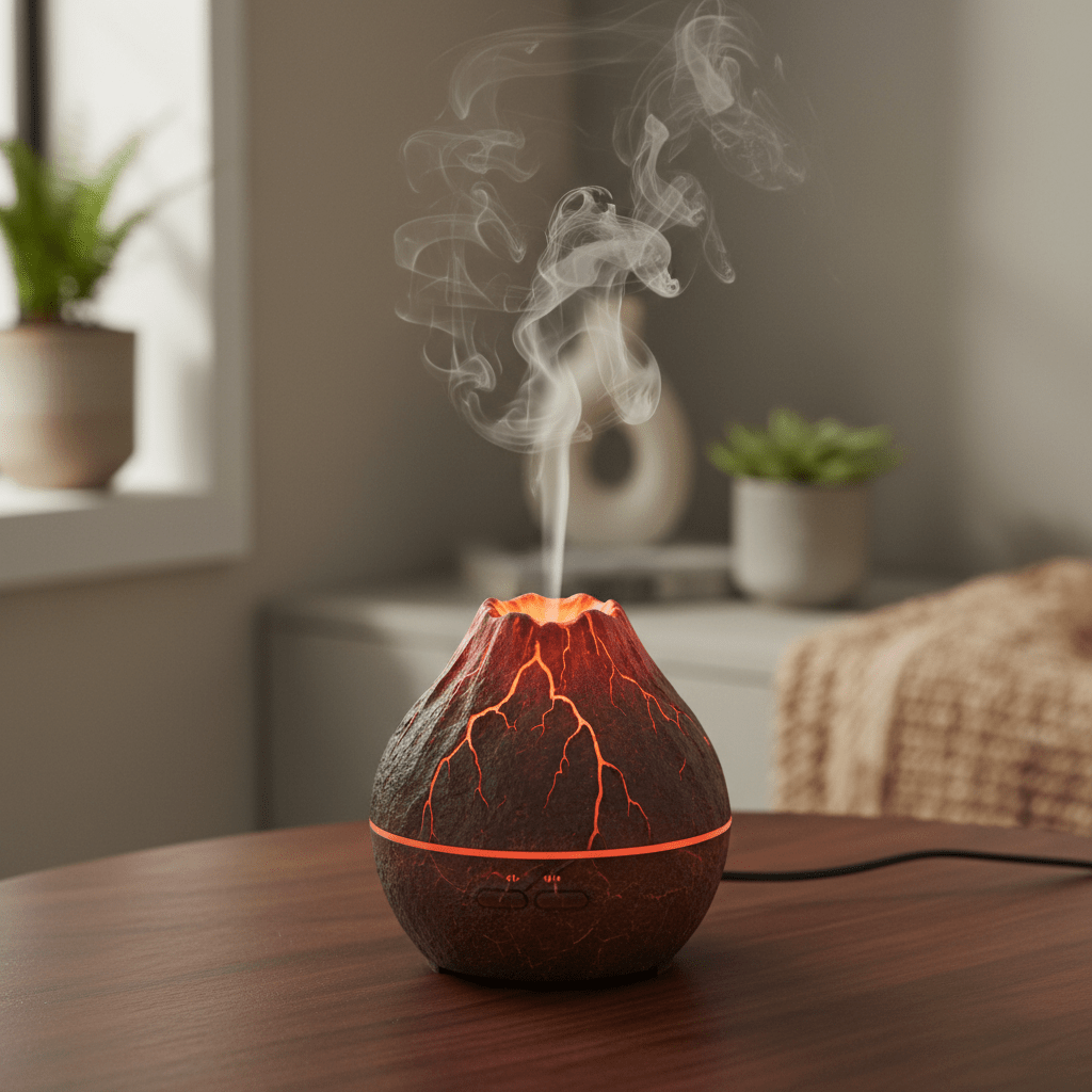 Modern volcano diffuser with dark stone and warm LED light Modern volcano diffuser with dark stone texture emitting fragrant smoke rings.