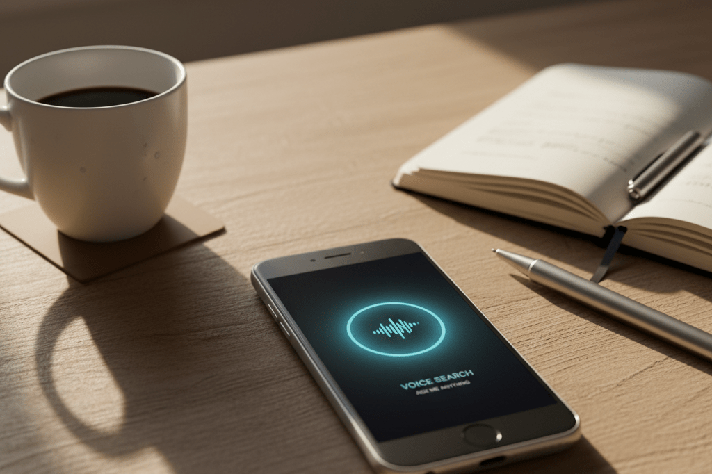 Close-up view of a smartphone featuring a voice assistant interface under natural light, symbolizing voice commerce advancements