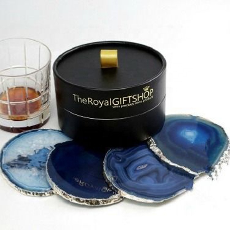 Лидер продаж, натуральный фиолетовый синий Агат, держатель для подстаканников с серебряной отделкой, подстаканник для напитков, подарочный набор