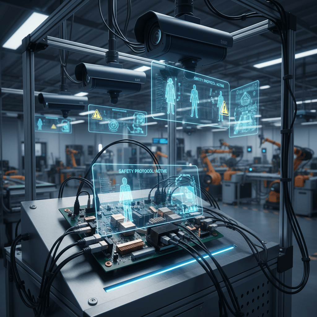 Industrial workstation with PC, surveillance cameras, and holographic security overlays.