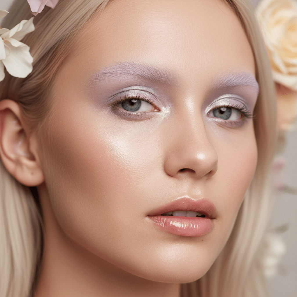Model with pale lilac bleached eyebrows and dewy complexion in soft studio light.
