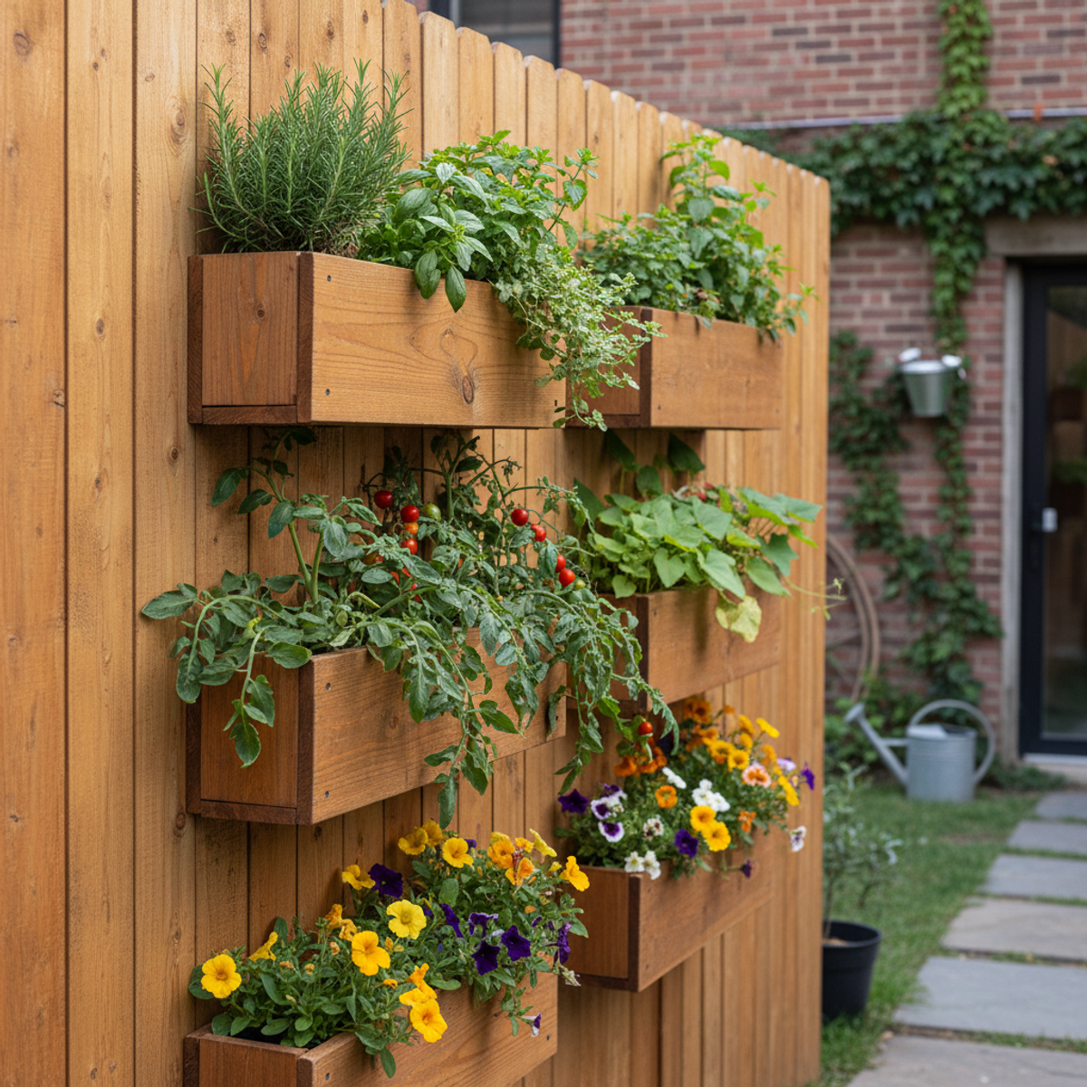 DIY garden fence with wooden planters filled with herbs, vegetables, and flowers.