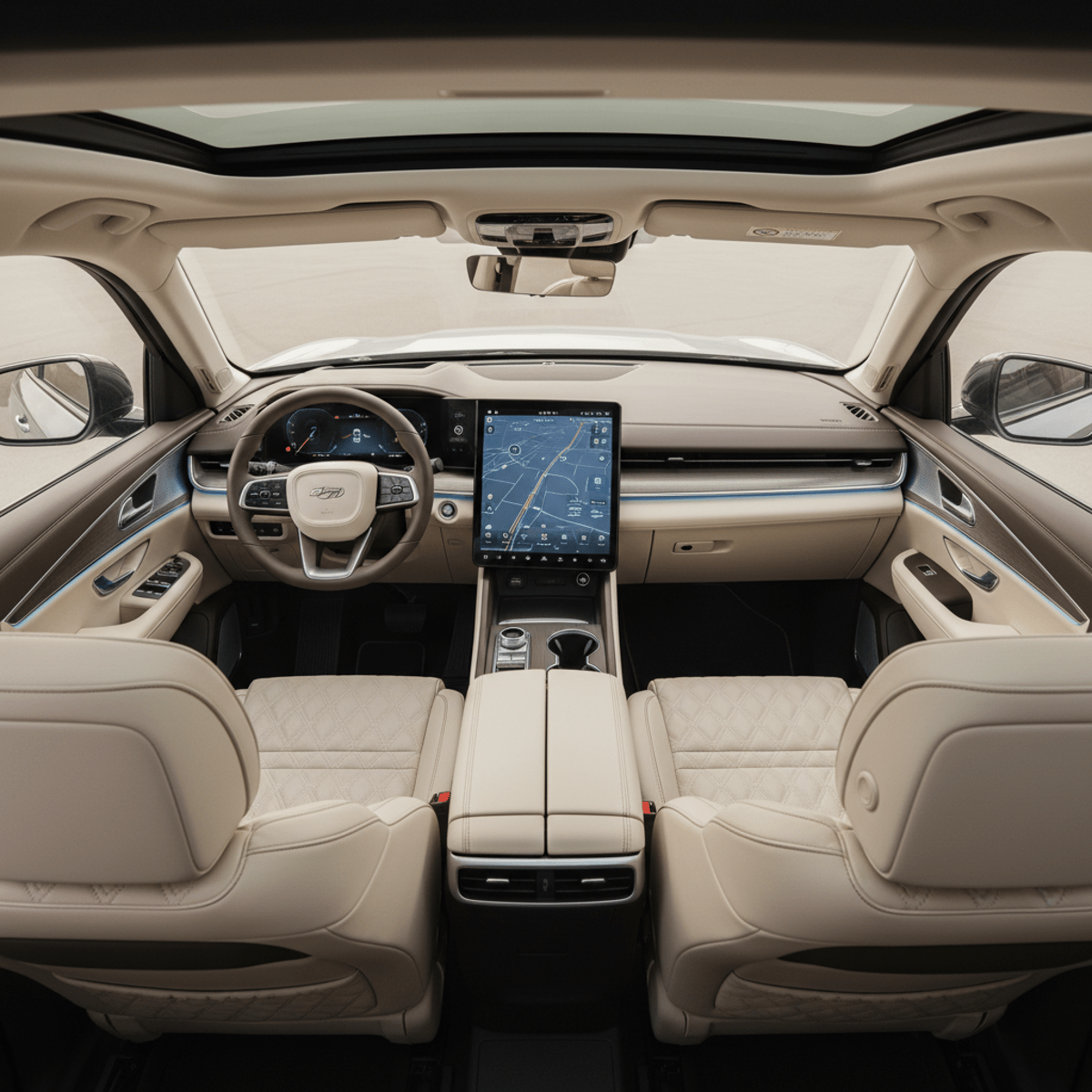 Luxurious SUV interior with large touchscreen, premium leather, and ambient lighting.