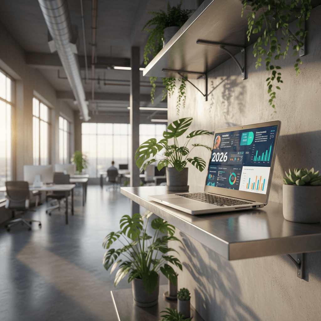 Slim laptop on wall shelf showing social media and competitor charts in an office.