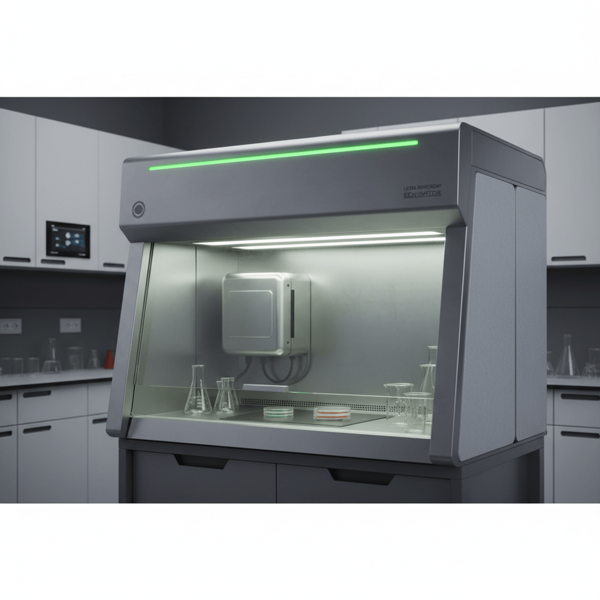 Eco-conscious laminar flow hood with brushed recycled aluminum and green light strips.