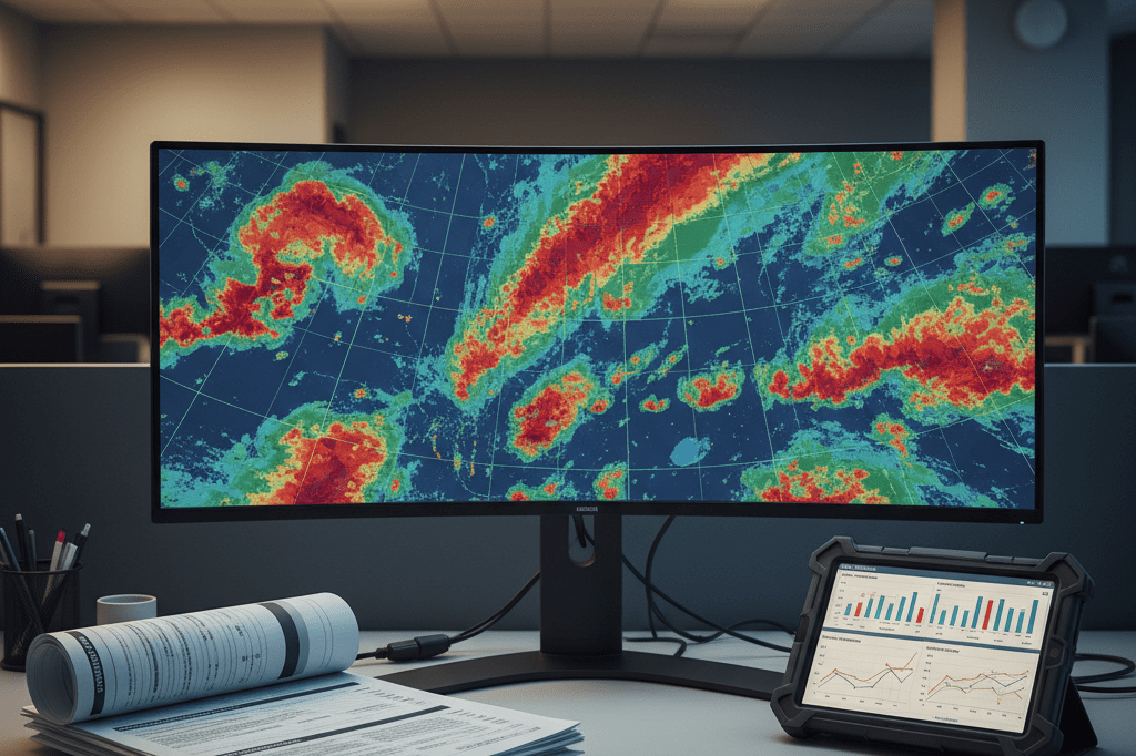 Business continuity planning station during severe weather alert Control room desk with weather radar and supply chain charts under mixed lighting, symbolizing emergency preparedness