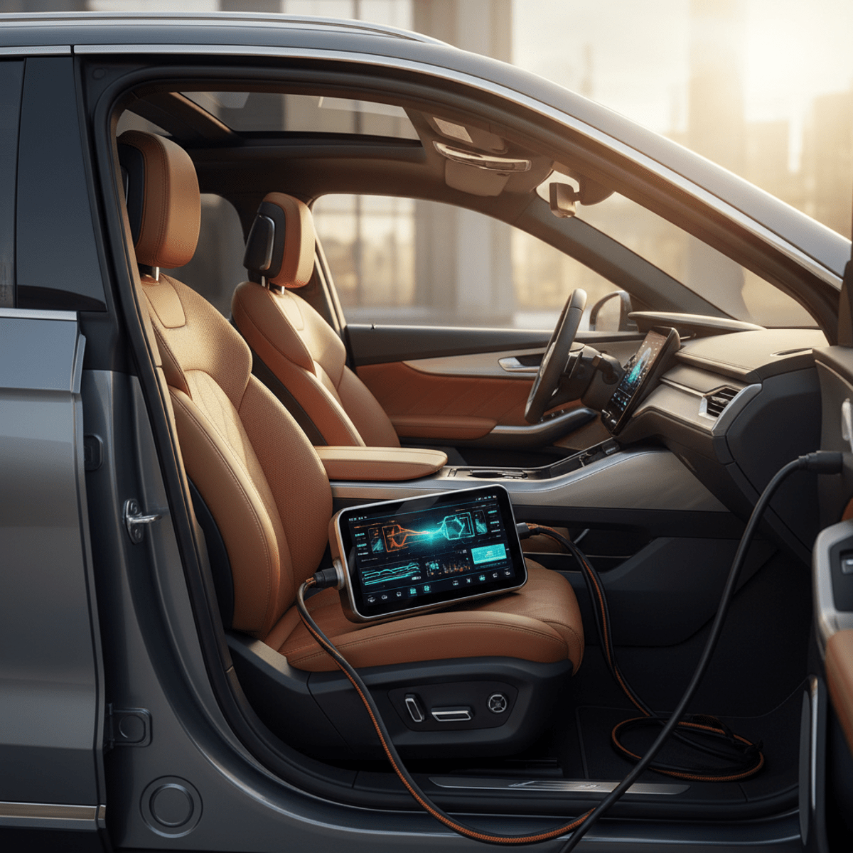 Diagnostic scanner on electric SUV seat, showing battery system on screen.