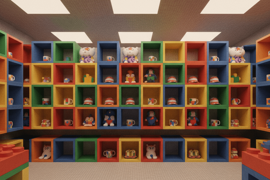 Wide-angle view of a vibrant block-themed retail area with colorful merchandise displays under warm ambient lighting