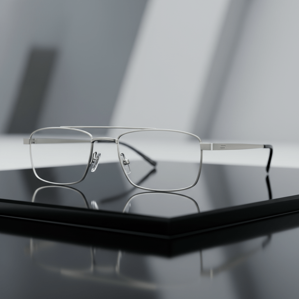 Ultra-lightweight titanium bifocal glasses with thin geometric frames in brushed silver.