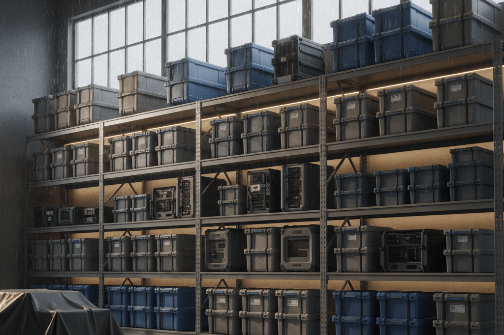 Wide shot of waterproof containers and sealed electronics arranged neatly inside a well-lit industrial warehouse, symbolizing proactive disaster planning
