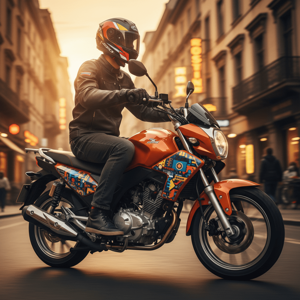 Small automatic motorcycle with customizable panels cruising in a colorful city at sunset.