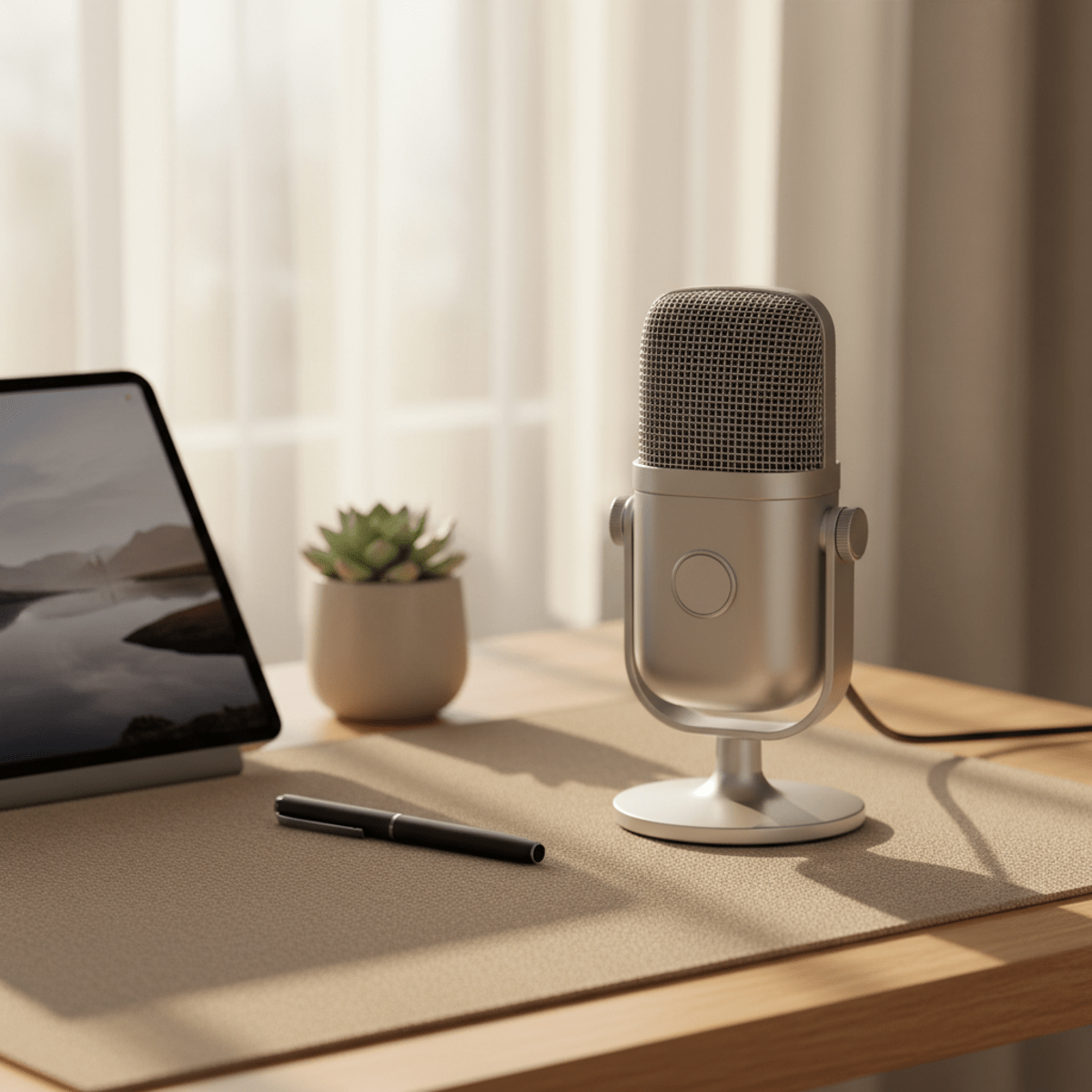 Compact microphone on a home office desk with tablet, pen, and plant.