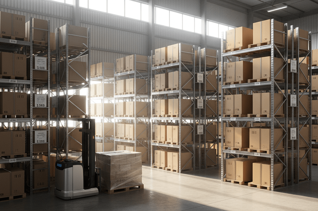 A well-lit warehouse showcasing organized shelves and automated equipment under natural and ambient lighting, highlighting optimized inventory processes.