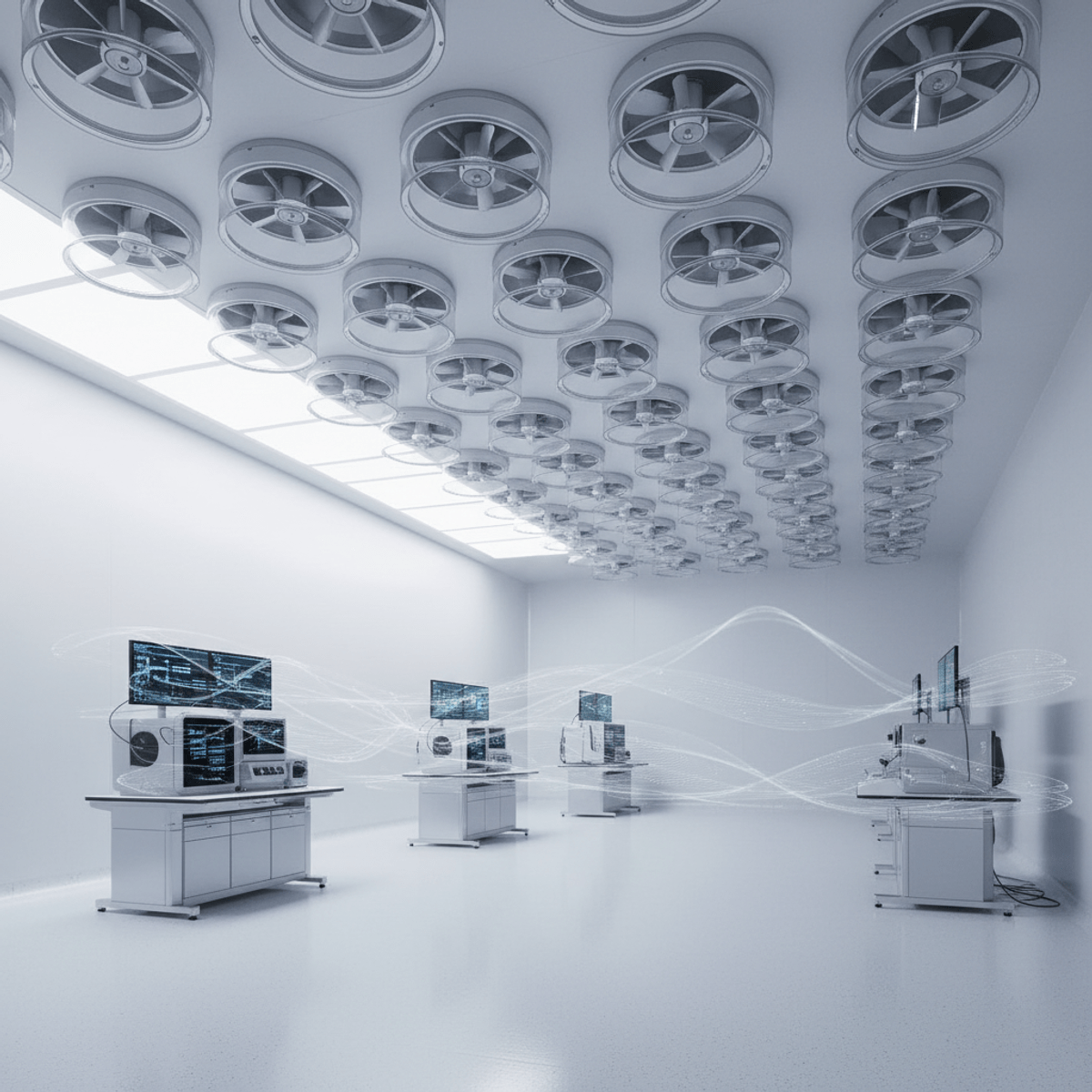 Future cleanroom with advanced gene sequencing technology and FFU units. Ultra-modern cleanroom with fan filter units and advanced gene sequencing equipment.