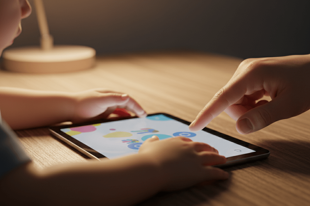 Close-up of hands adjusting a tablet under ambient light, symbolizing parental control over digital wellness