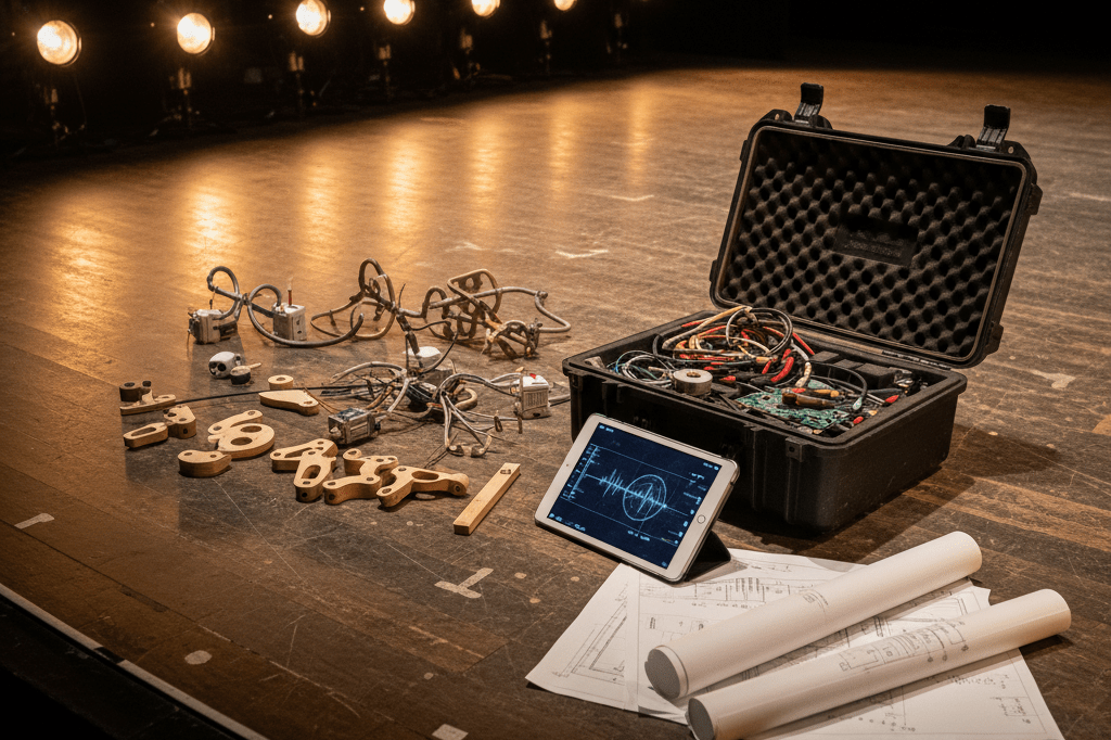 Theater stage corner with puppetry parts and blueprints under warm light showing production prep
