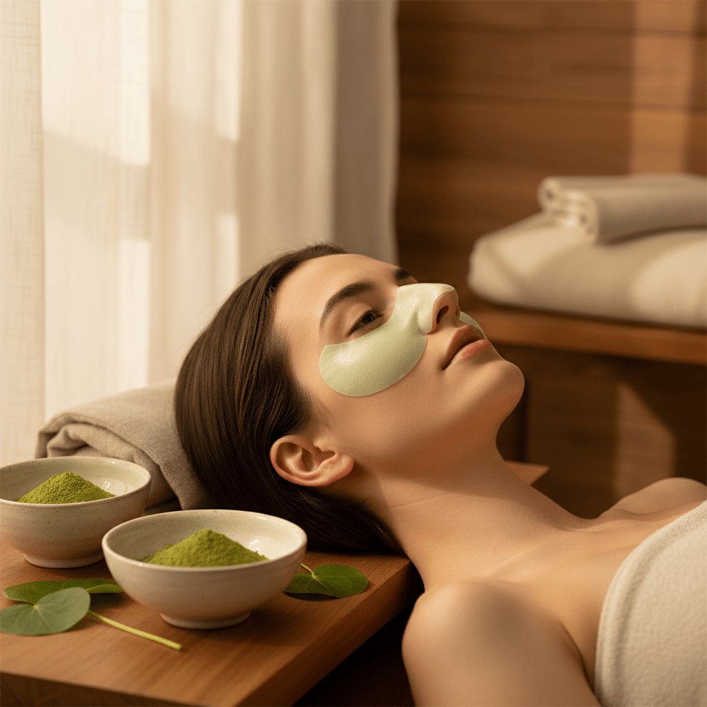 Model with pale green nose strip in serene spa with matcha and cica leaves.