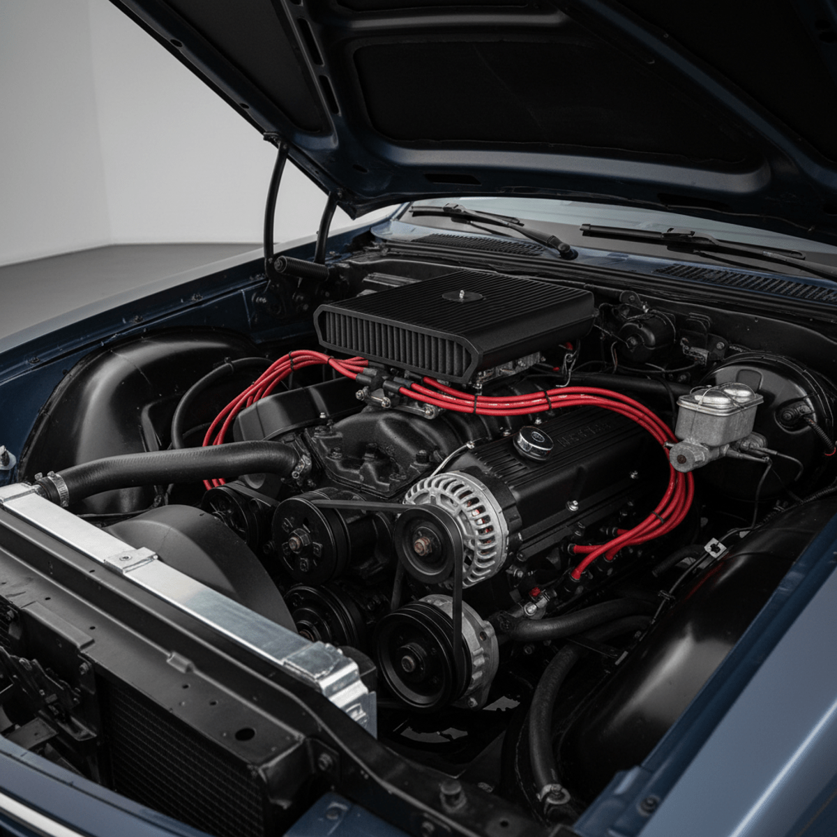 Matte and satin black muscle car engine with vivid red spark plug wires.