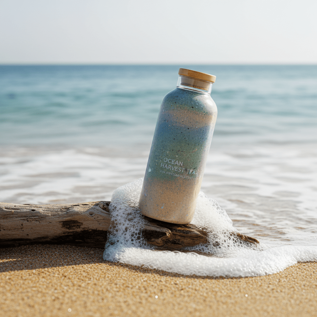 Recycled plastic tea bottle on driftwood with sand and sea foam.