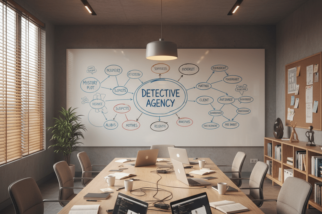 Meeting room with whiteboard sketches and tools under natural light, symbolizing phased team-building strategies in creative industries