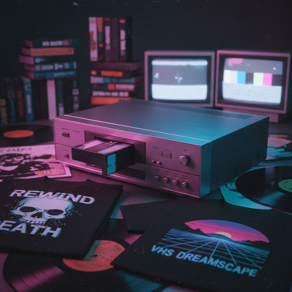 Retro VCR player with tape, illuminated by neon lights and reflections on brushed metal.