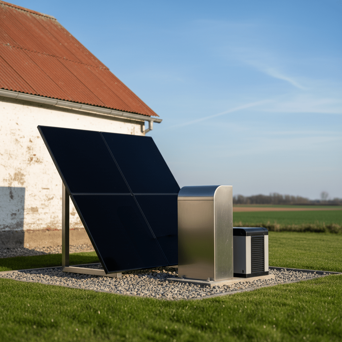 Modern solar water pump system beside a rural farmhouse with integrated solar panels.