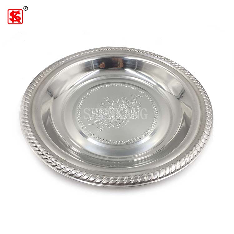 Thailand Style Stainless Steel Serving Plate / Metal Round Serving Dish / Flower Pattern Tray 30cm