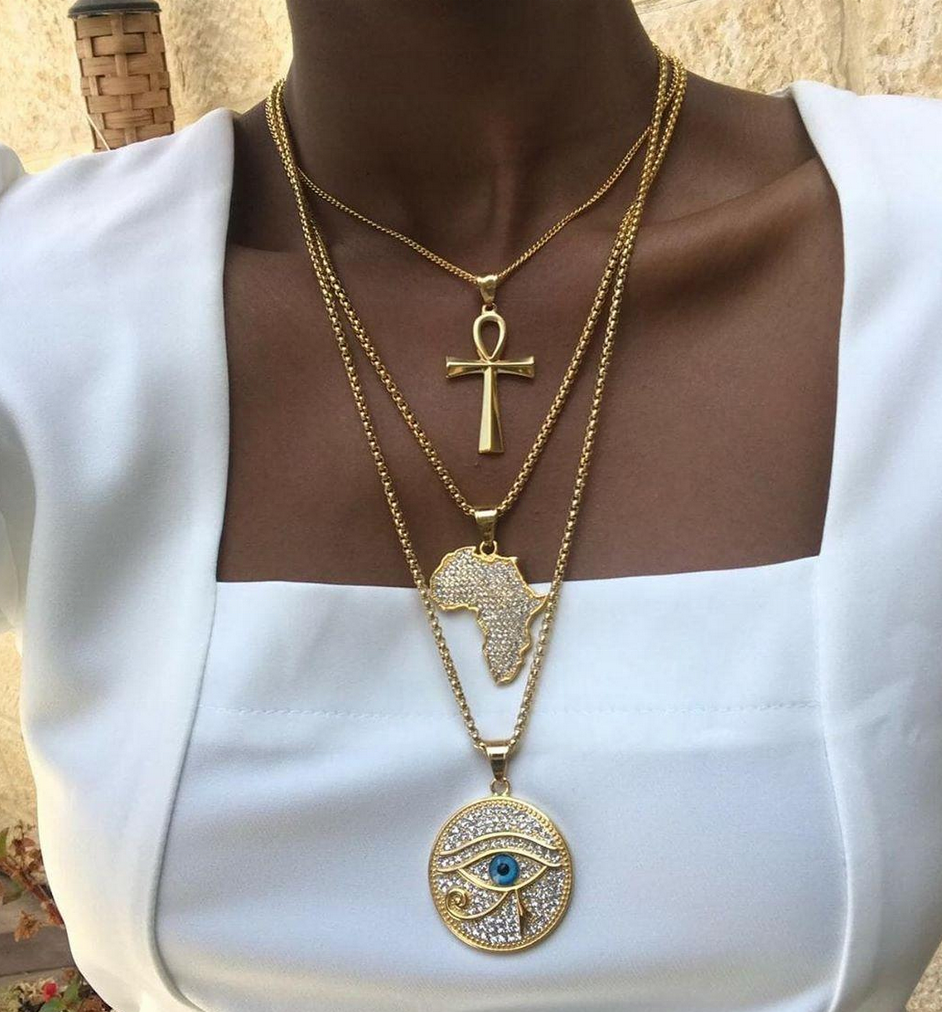 粗镀金非洲地图十字分层吊坠项链