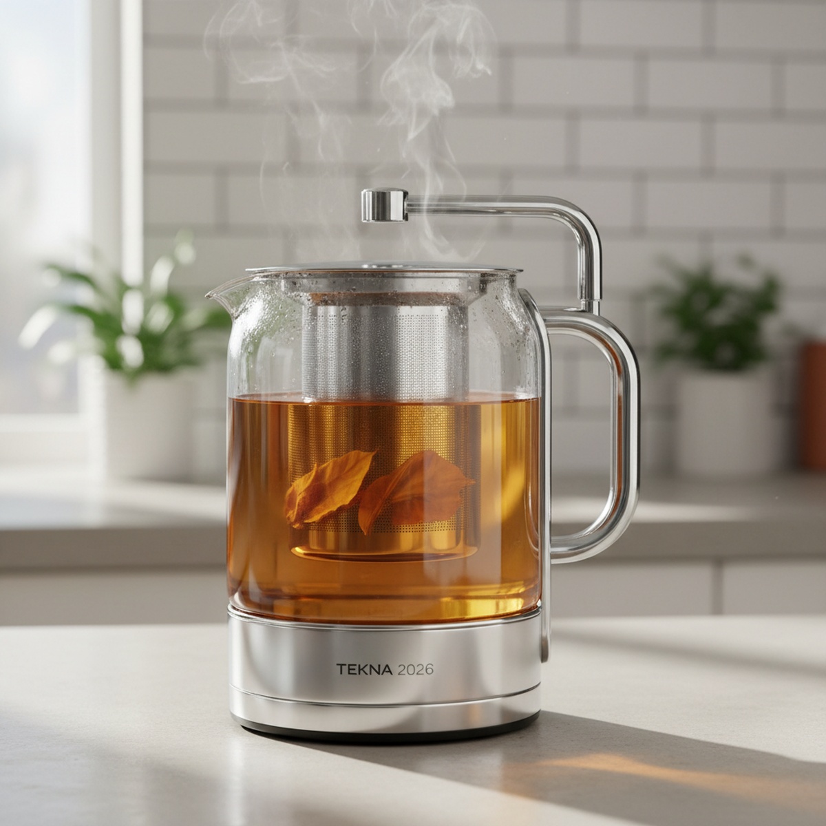 Modern glass kettle with stainless steel infuser lowering into golden tea.
